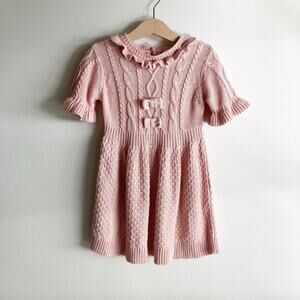 Little Lass 4T Sweater Dress Pink Bows Ruffle Short Sleeve Knit Party Girl Girls
